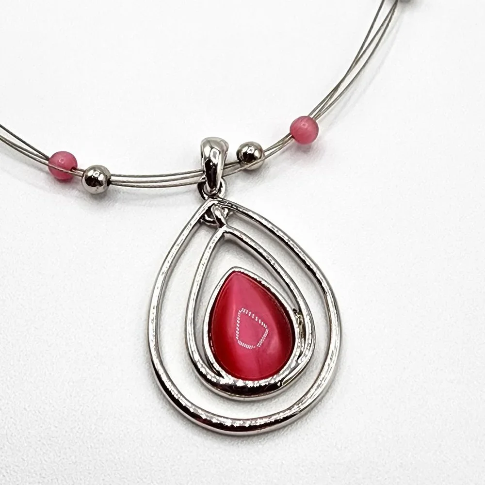 LIA SOPHIA COTTON CANDY Silver Pink Teardrop Floating Bead Signed Necklace